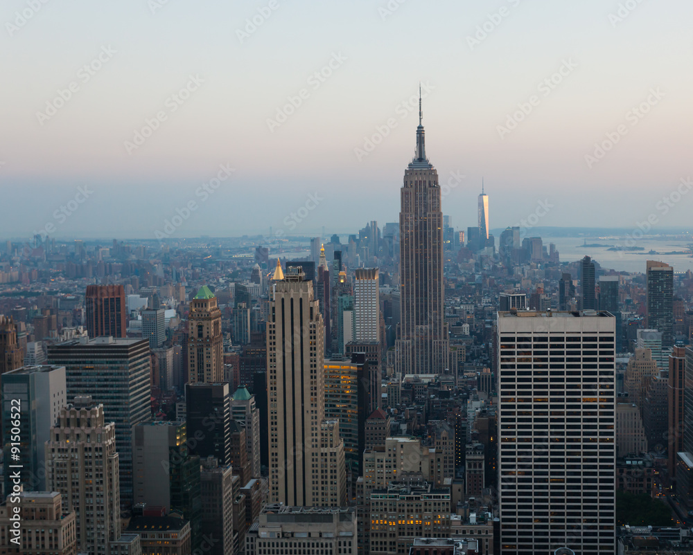 Aerial night view of Manhattan skyline in New York