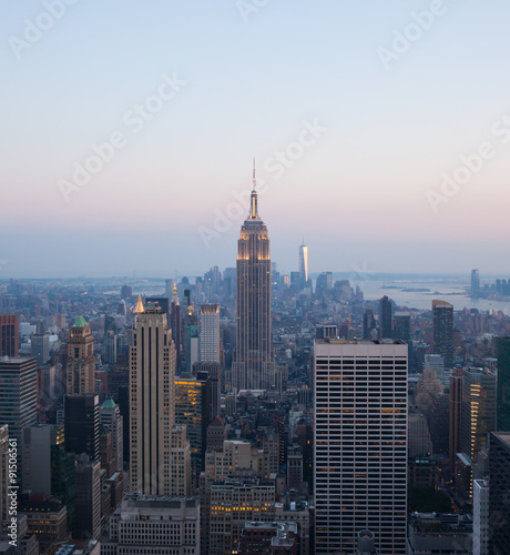 Aerial night view of Manhattan skyline in New York