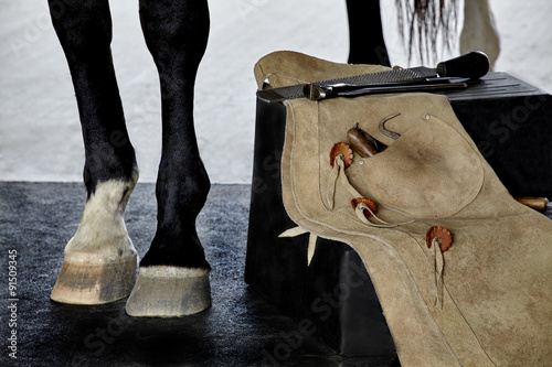 Fototapeta Naklejka Na Ścianę i Meble -  Farrier Tools on Bench next to Horse