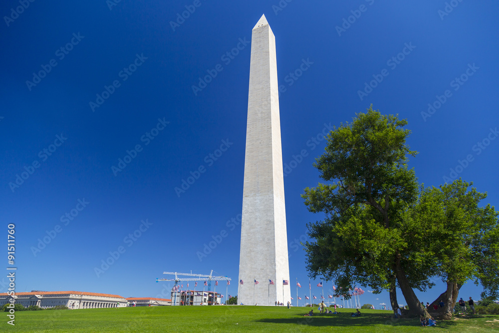 Washington Monument against clear blue sky in Washington DC, USA
