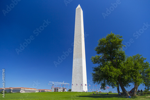 Washington Monument against clear blue sky in Washington DC, USA