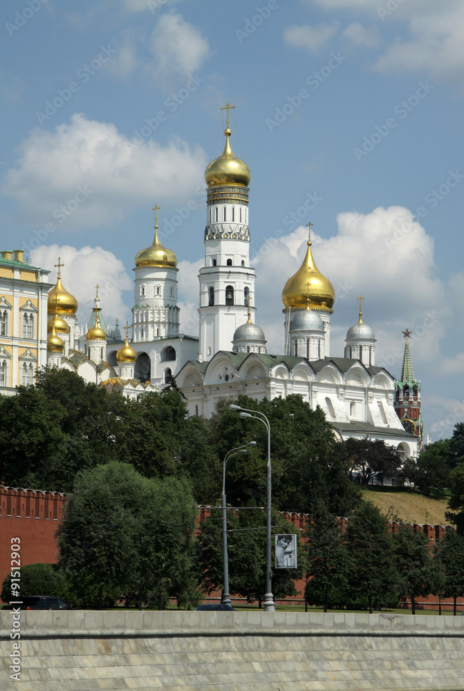 MOSCOW, RUSSIA - JUNE 11, 2010: View of the Ivan the Great Belltower and Kremlin churches. Moscow, Kremlin Embankment