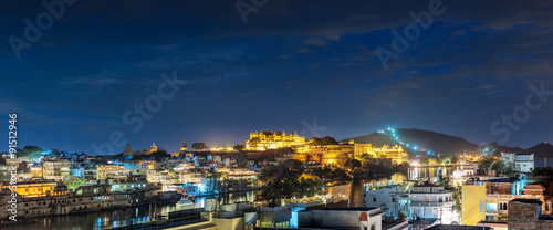 Udaipur, evening view of the city and City Palace complex. Udaip