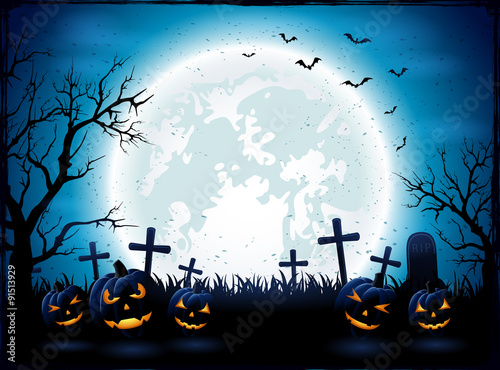 Halloween night with blue Moon and pumpkins