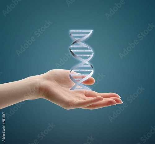 Hand with DNA vector image, on blue background