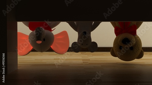 Upside down teddy bear, mouse and elephant toy in kids bedroom. Toy and funny concept.