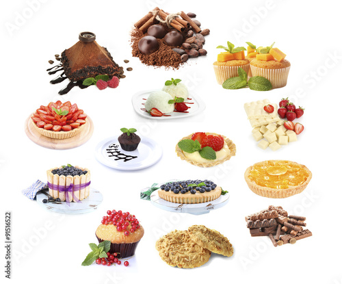 Collage of desserts isolated on white