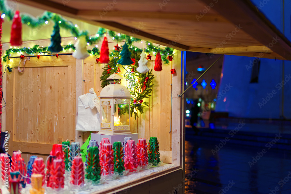 Christmas decorations displayed for sale