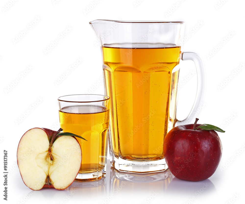 Full jug and glass of apple juice with fruit isolated on white Full jug and glass of apple juice with fruit isolated on white