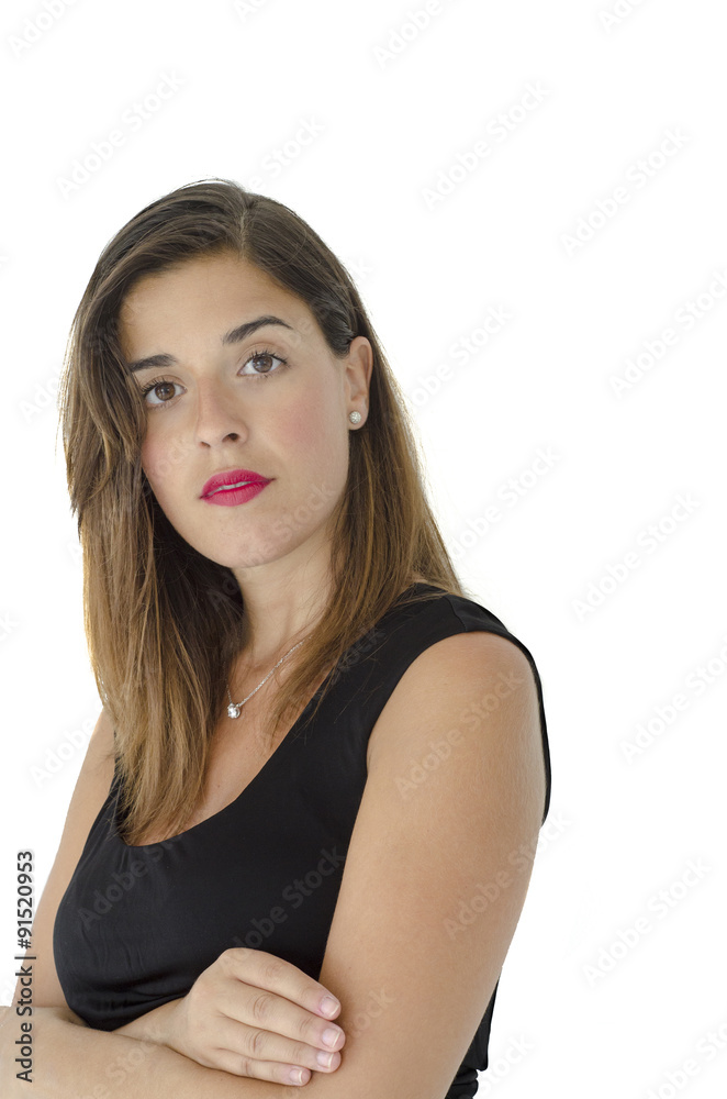 Caucasian girl posing in front of the camera, long hair, black dress, simple makeup Caucasian girl posing in front of the camera, long hair, black dress, simple makeup