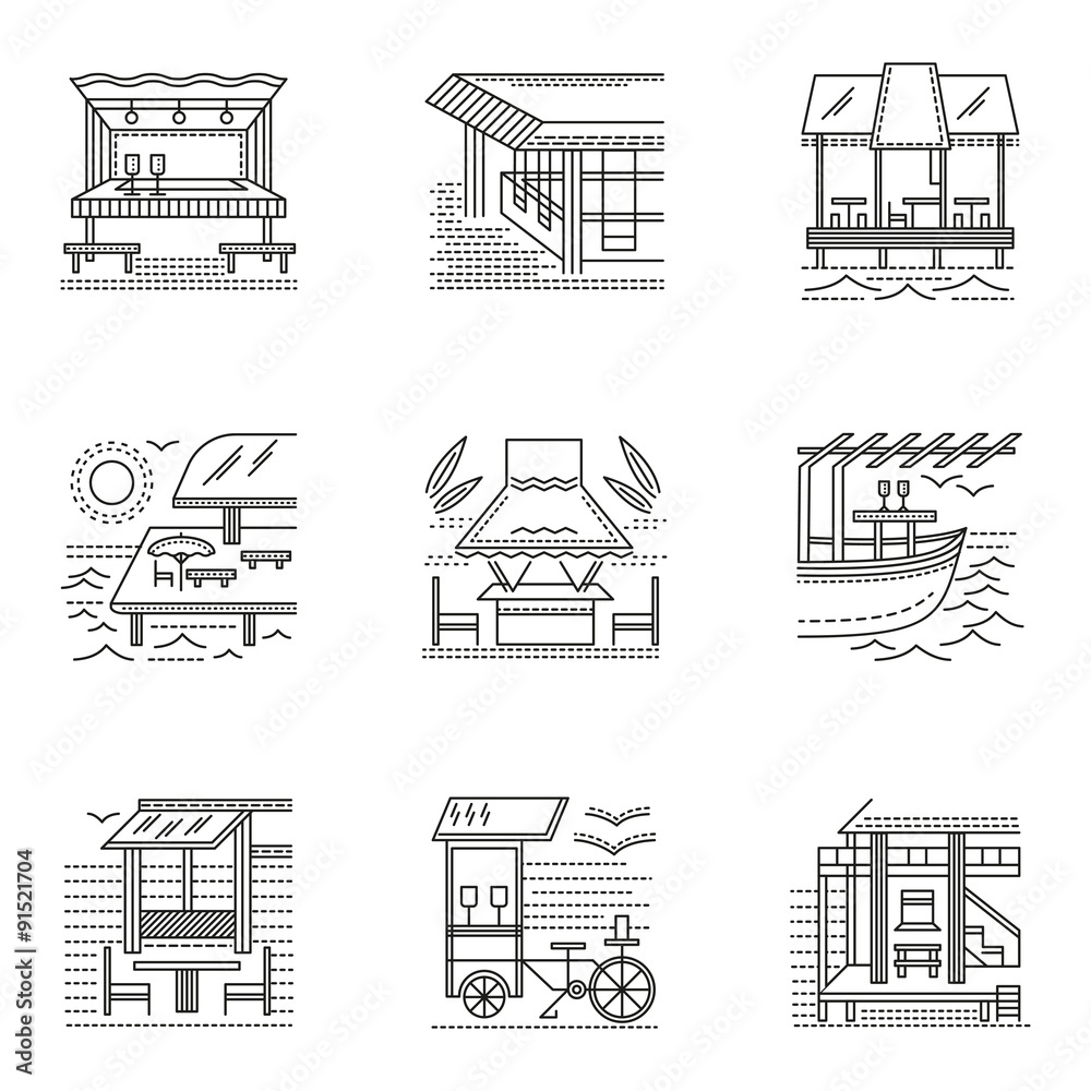 Thin line style cafe and bungalows icons