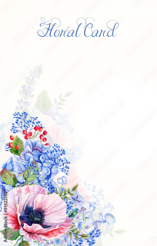 Obraz premium Frame with flowers. Invitation card. Watercolor blue hydrangea, red poppies. Illustration of flowers. Can be used as a greeting card.
