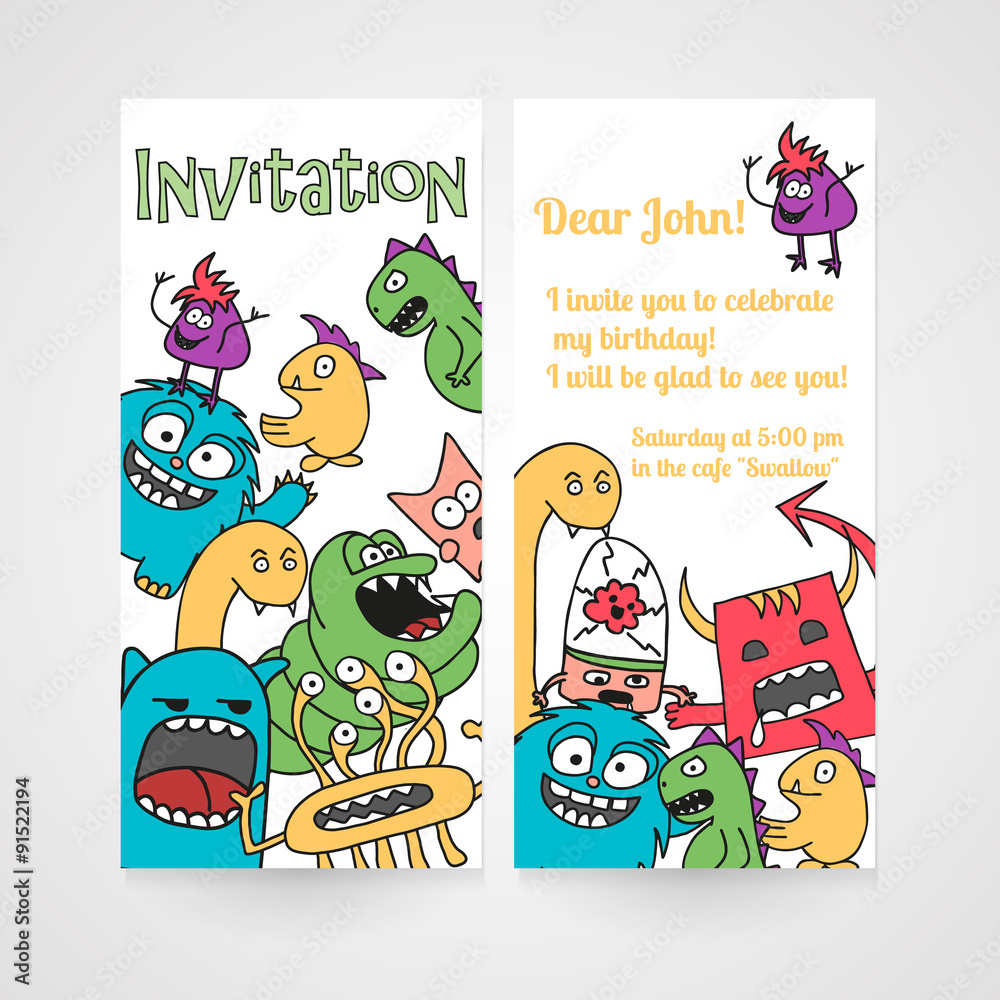Card with abstract monsters pattern. Invitation for birthday. 