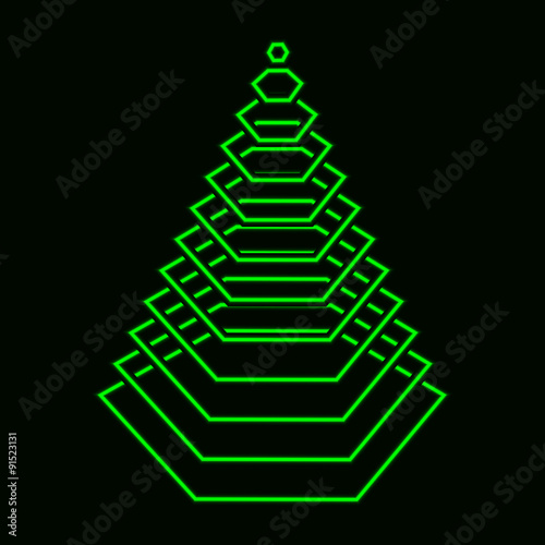 Tech green shining xmas tree on black background