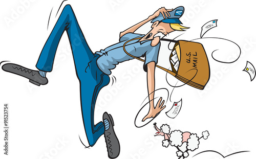 Cartoon of a Mailman running from a small Dog. Vector and high resolution jpeg files available.