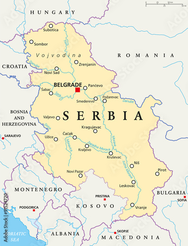 Serbia political map with capital Belgrade, national borders, important cities, rivers and lakes. English labeling and scaling. Illustration.