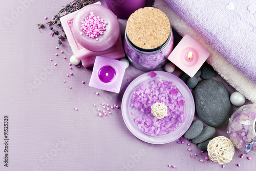 Spa treatments on colorful background. Lavender spa concept