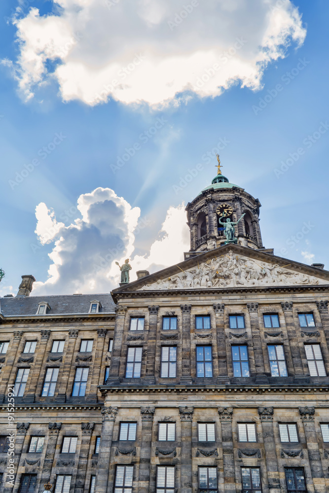 The Royal Palace of Amsterdam on a sunny day. The former Amsterdam town hall, now one of the three palaces in the Netherlands, which are at the disposal of the monarch.