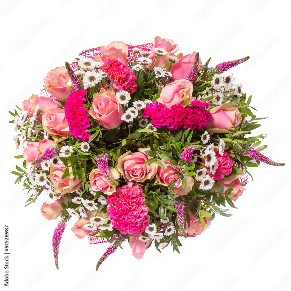 Bouquet of flowers top view isolated on white