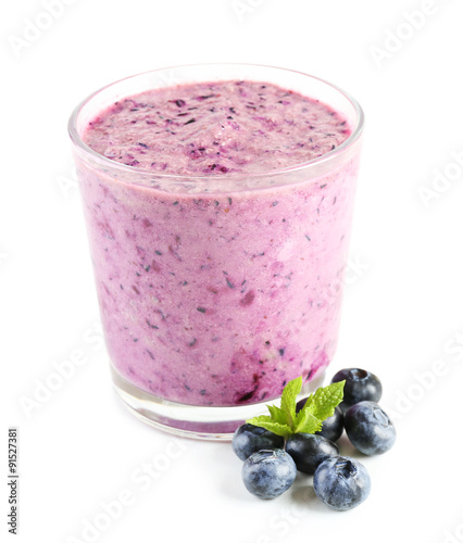 Glass of blueberry smoothie, closeup