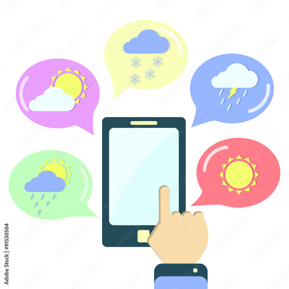 Meteorology application on the cellphone. Balloons with weather icons. White background. Meteorology application on the cellphone. Balloons with weather icons. White background.