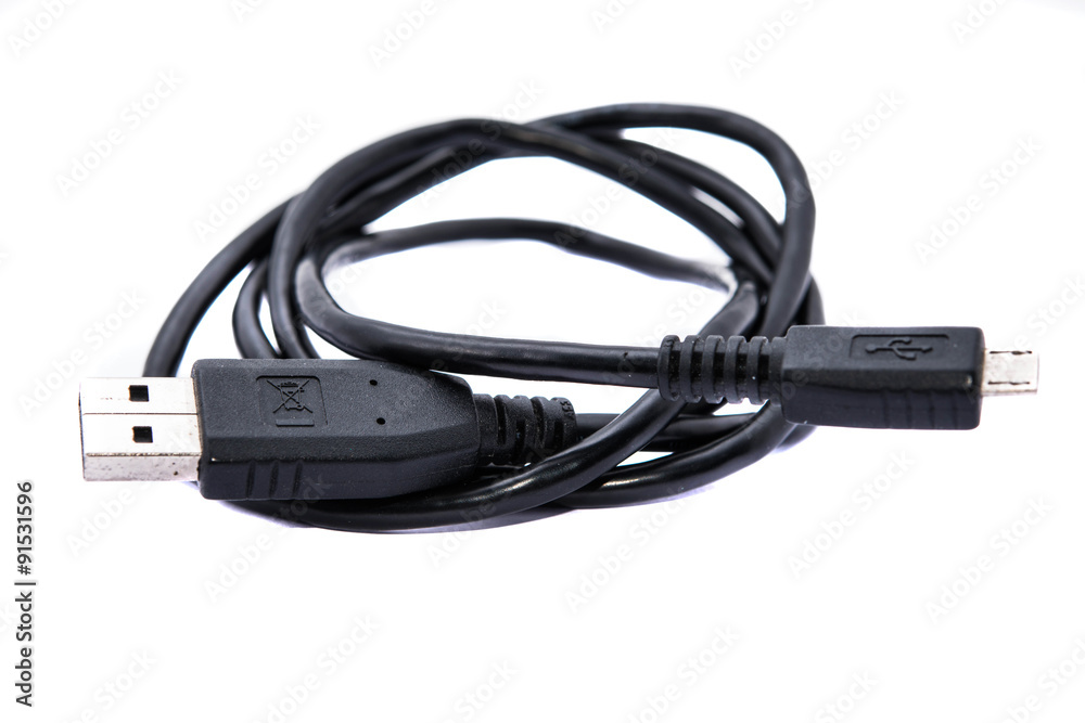 black cable used to connect the computer on white background black cable used to connect the computer on white background