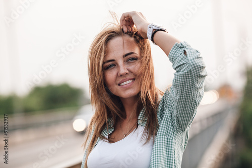 closeup head and shoulders portrait of woman