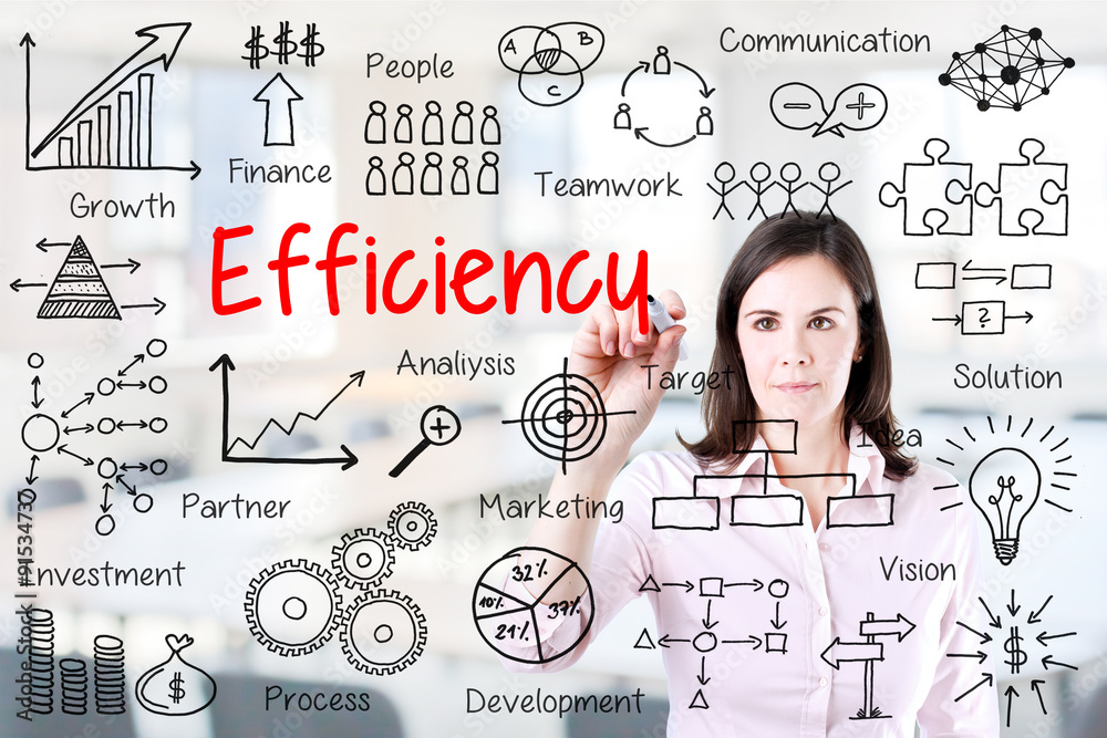 Fototapeta premium Young business woman writing concept of efficiency business process. Office background.