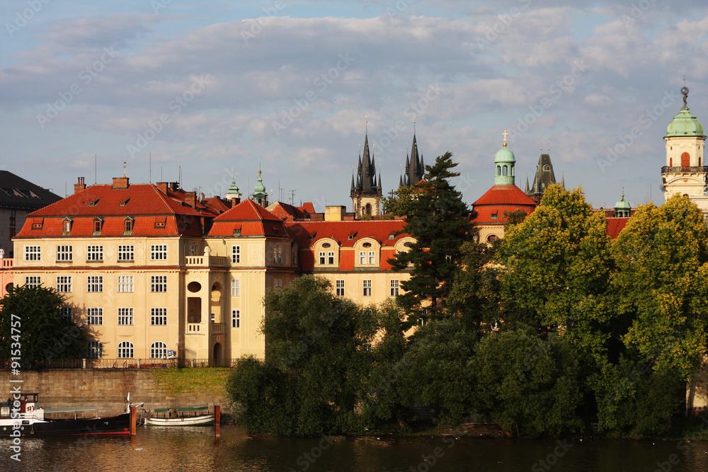 View of monuments from the river in Prague. 