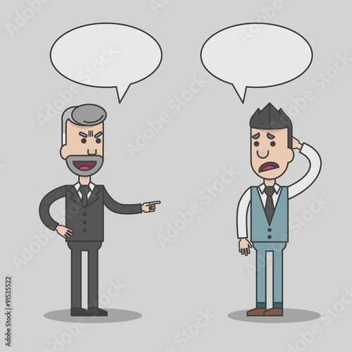 Angry boss and employee cartoon with speech bubbles, vector, illustration