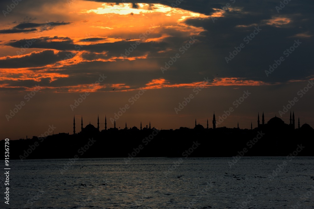 Sunset in Istanbul over the bluemosque and Hagia Sophia