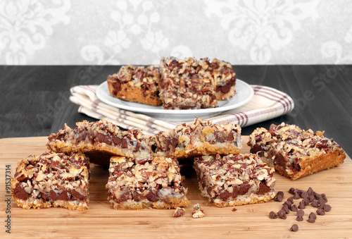 Chocolate chip and nut cookie squares. Copy space