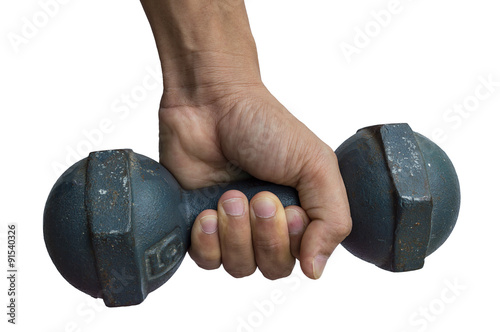 male hand is holding metal dumbells isolated on white background