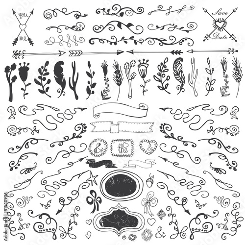 Doodles border,ribbons,budges,petal decor.Logo Template