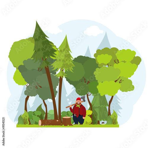 Vector illustration in a flat style lumberjack standing with an ax and stump.
