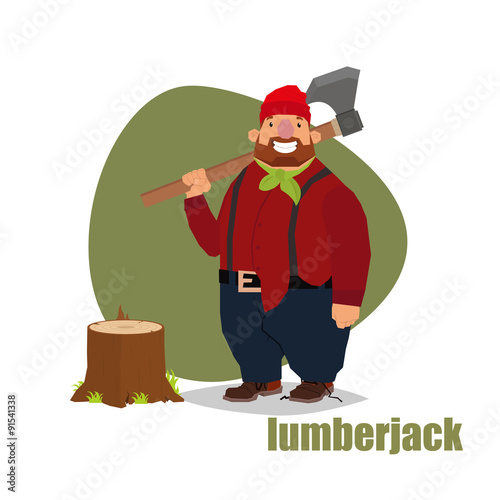 Vector illustration in a flat style lumberjack standing with an ax and stump.