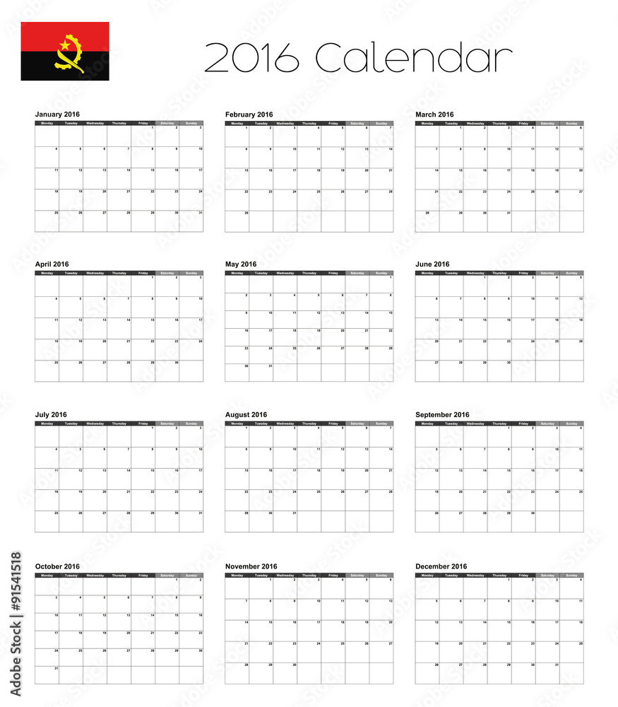 2016 Calendar with the Flag of Angola