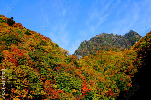 西沢渓谷から見る秋の鶏冠山