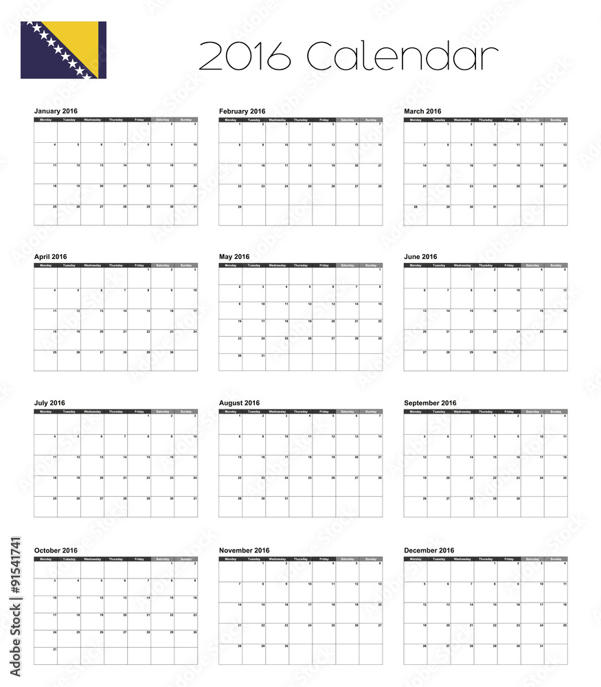 2016 Calendar with the Flag of Bosnia 2016 Calendar with the Flag of Bosnia