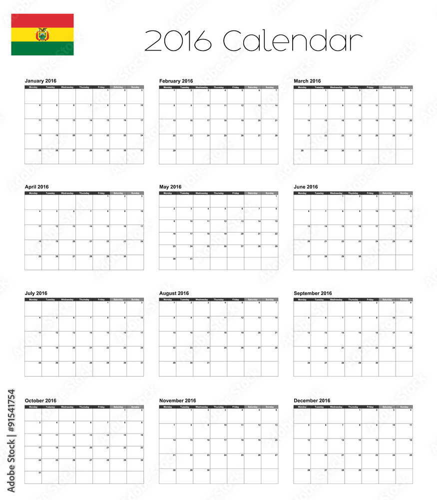 2016 Calendar with the Flag of Bolivia 2016 Calendar with the Flag of Bolivia