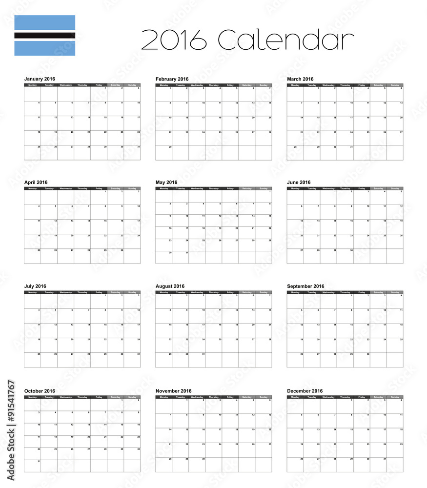2016 Calendar with the Flag of Botswana 2016 Calendar with the Flag of Botswana