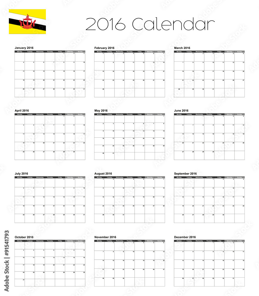 2016 Calendar with the Flag of Brunei