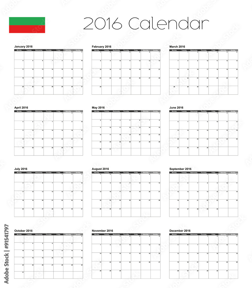 2016 Calendar with the Flag of Bulgaria 2016 Calendar with the Flag of Bulgaria