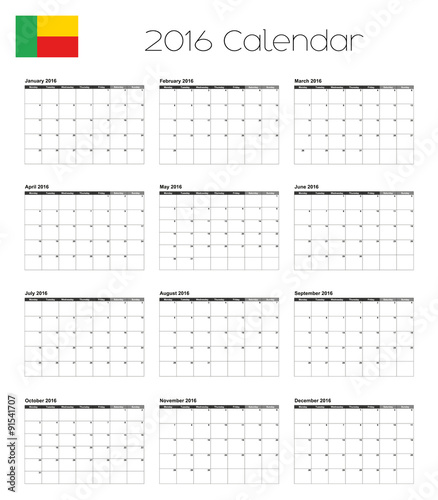 2016 Calendar with the Flag of Benin