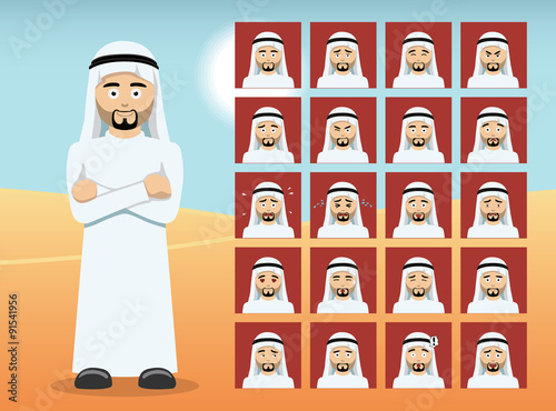 Arab Man Cartoon Emotion faces Vector Illustration