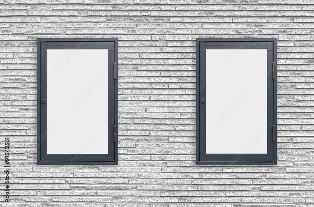 Wood window display frame on white concrete wall background Wood window display frame on white concrete wall background