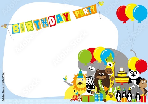 Birthday party invitation with group uf funny  happy cartoon animals