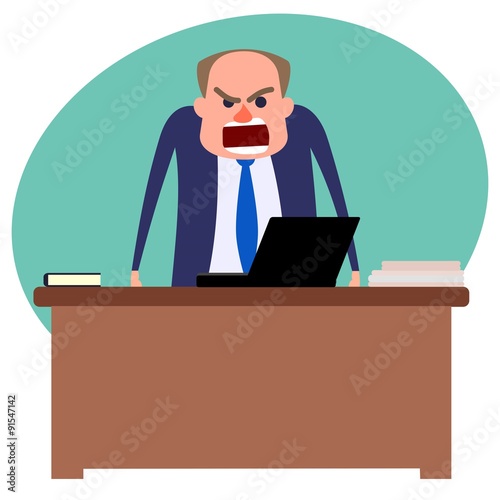 Angry boss standing behind table and yelleing
