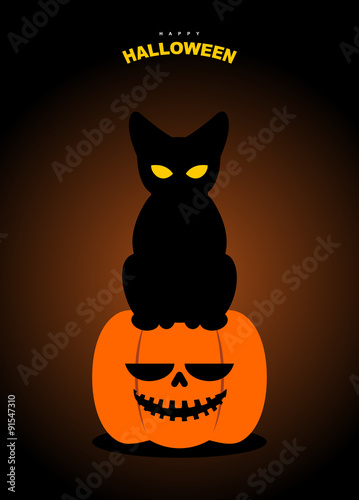 Happy Halloween. Black cat sits on pumpkin at night. Terrible sy