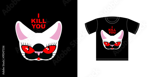 I  kill you. Angry white cat with red eyes. Logo for bully. Fero photo